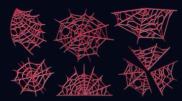 Spider web set isolated on dark background. Spooky Halloween red cobwebs. Vector illustration