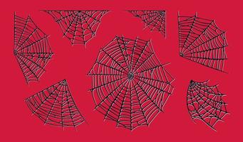 Spider web set isolated on red background. Spooky Halloween red cobwebs. Vector illustration