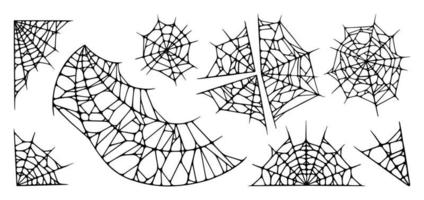 Spider web set isolated on white background. Outline Halloween cobwebs. Vector illustration