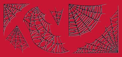 Spider web set isolated on red background. Spooky Halloween red cobwebs. Vector illustration