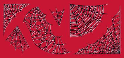 Spider web set isolated on red background. Spooky Halloween red cobwebs. Vector illustration