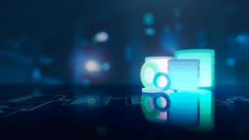 Multiple database is placed on Relational database tables with server room background. Concept of database server, SQL, data storage, DBMS database management system. 3D Rendering. photo