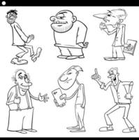 personajes de hombres establecen dibujos animados en blanco y negro vector