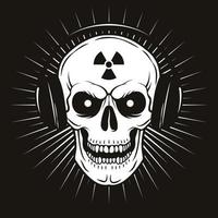 Vector grunge human skull with headphones and radiation sign