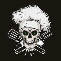 Grinning skull in chef hat with crossed barbecue tools. Cartoon chef skull in hand drawn style. Grill master, grunge vector illustration