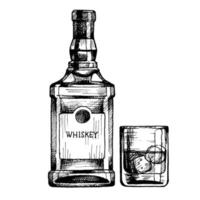 Hand drawn bottle of scotch whiskey with a glass. Vector beverage illustration, ink sketch