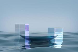 Glass podium on blue water background. photo