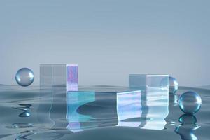 Glass podium on blue water background. photo