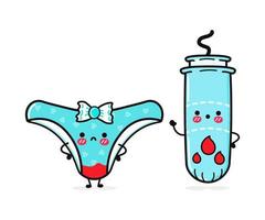 Cute, funny sad blue panties and tampon menstrual with blood. Vector hand drawn cartoon kawaii characters, illustration icon. Funny sad cartoon blue panties and tampon menstrual mascot friends