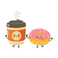 Cute happy coffee and pink donut card. Vector hand drawn doodle style cartoon character illustration icon design. Happy coffee and pink donut friends concept card