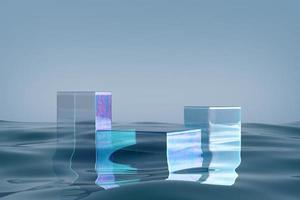 Glass podium on blue water background. photo