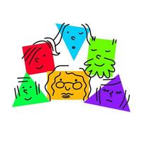 Pile of Various bright basic Geometric Figures with face emotions. Group of man and woman. Cute funny square and triangle characters. Hand drawn trendy Vector illustration for kids