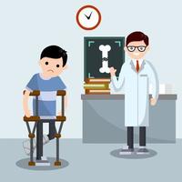 Man with broken leg. Patient in hospital on crutches. doctor in white coat vector