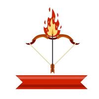 Bow and burning arrow. Taut bowstring. Fantastic weapons. Shooting and hunting element. Fantasy icon. Logo with ribbon for text vector