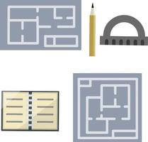 Construction drawing. Blue plan on paper. Blueprint of the house. Engineering work. Set of writing tools. Flat cartoon vector