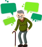 Funny old man with cane. Senior and Active Lifestyle, recreation grandfather. Flat cartoon Cloud text bubble dialog. Conversation and Talk. vector