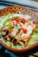 Mexican flautas with lettuce, avocado, cream, sauce and fresh water photo