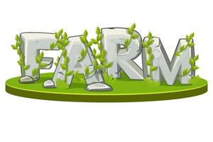 Cartoon logo farm from stone on island isometric with grass. Vector illustration glade with rocks word for game design.