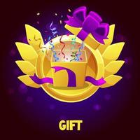 Cartoon gift box with confetti with golden wings for the game. Vector illustration framed bright birthday prize for graphic design.