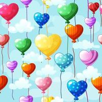 Seamless pattern heart-shaped colored balloons in the sky with clouds background. Vector illustration romantic texture for wrapping, wallpaper for Valentines Day.