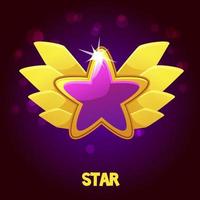 Cartoon purple star with golden wings for the game. Vector illustration bright game level icon for graphic design.