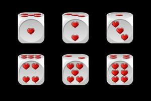 Set isolated gaming valentine dice with hearts. Vector illustration collection of romantic dice to play from different sides.