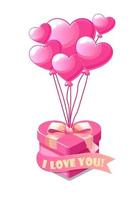 Bunch pink heart-shaped balloons with gift box for Valentines Day. Vector illustration cute festive balloons with bow for declarations of love.