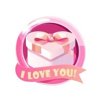 Valentines Day icon gift, box with declaration of love. Vector illustration of pink heart shape box in a frame for design..