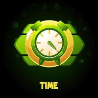 Green clock icon with time, badge for game. Vector illustration round stopwatch in a frame for graphic design.