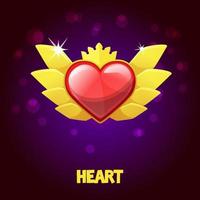 Icon golden heart with wings and crown for the game. Vector illustration heart life on background for graphic design.