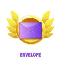 Purple envelope icon with golden wings for the game. Vector illustration framed letter with wings for graphic design.