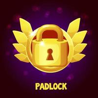 Game icon golden closed lock with wings. Vector illustration padlock in cartoon style framed, hidden or locked object.