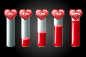 Life scale in percent, health bar for game. Vector illustration set of life lines for GUI.