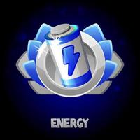 Cartoon blue energy battery in a frame for the game. Vector illustration charge game silver prize icon for graphic design.