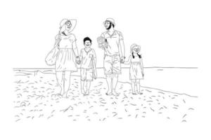 line art drawing of young happy mother and father lead their son walking together, holding his hands graphic vector illustration. Parenting education concept. Modern continuous line draw design