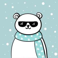 Cool polar bear in sunglasses. New year kids card with a cute white bear and snow in doodle vector