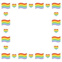 Ilustración de vector de frontera de patrones sin fisuras cuadrados. marco con corazones simples y banderas en estilo garabato - orgullo, amor, espacio de copia del eslogan del desfile gay. derechos lgbt