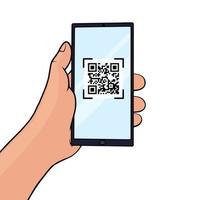 Hand holding a mobile phone with QR code on the screen. QR code scanning  in smartphone. Barcode scanner for pay, web, app, promo. vector