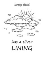 Sun and Cloud kids drawing for nursery in cartoon outline style. Vector illustration isolated