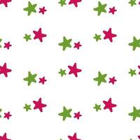 Hand drawn pink and green stars doodle summer seamless pattern isolated on white background vector