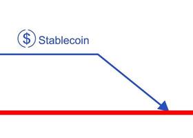 Caída de stablecoin en tendencia bajista. el precio estable de la moneda cae. crisis de criptomoneda cayendo icono de moneda y vector de flecha