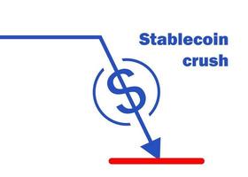 Stablecoin crash in downtrend. Stable coin price falls down. Cryptocurrency crisis falling coin icon and arrow vector