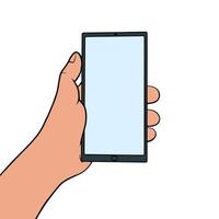 Hand holding smartphone, empty screen with shadow, mobile phone mockup, application on touch screen device. Person using mobile phone vector