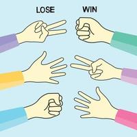 Hand game. Rock Paper Scissors on blue background.