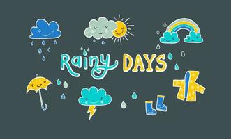 conjunto de artículos días de lluvia. nubes, sol, arco iris, rayo, paraguas, botas de goma, impermeable y gotas de agua vector