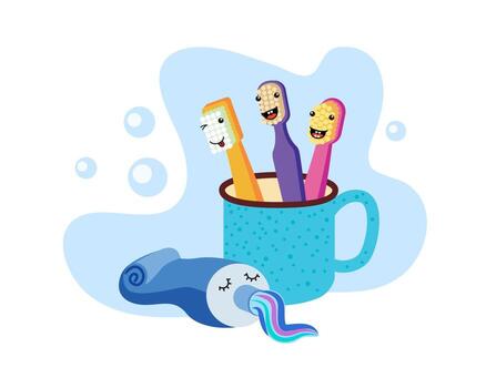 cute toothbrushes stand in a mug and smile cheerfully, a tube of toothpaste is sleeping in a row vector