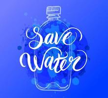 The inscription - let's save the water. Plastic bottle, splashing water on a blue background. Poster vector