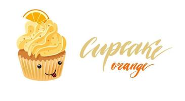 dibujo de un lindo cupcake con crema amarilla y naranja vector