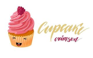 Drawing of a cute cupcake with pink cream and raspberries vector