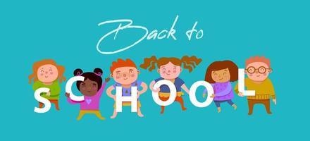 cute multinational children, holding different letters - an inscription - back to school. vector